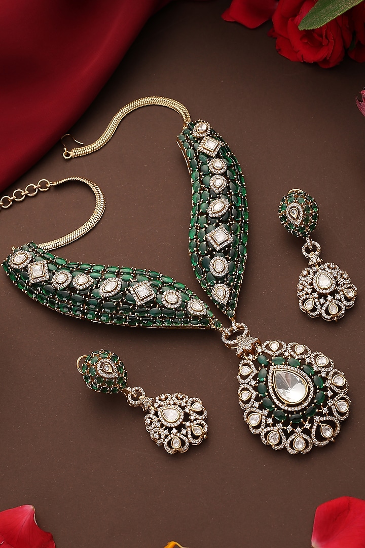 Gold Finish Kundan Polki & Emerald Stone Necklace Set by Swabhimann Jewellery at Pernia's Pop Up Shop
