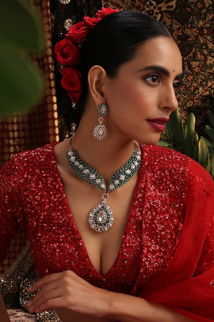 Gold Finish Kundan Polki & Emerald Stone Necklace Set by Swabhimann Jewellery at Pernia's Pop Up Shop