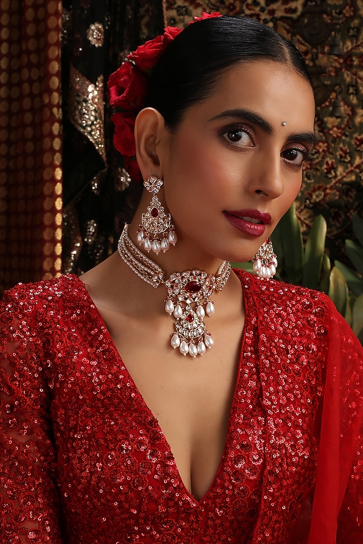 Rose Gold Finish Kundan Polki & Red Stone Choker Necklace Set by Swabhimann Jewellery at Pernia's Pop Up Shop