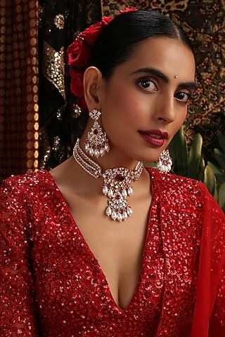 Rose Gold Finish Kundan Polki & Red Stone Choker Necklace Set by Swabhimann Jewellery