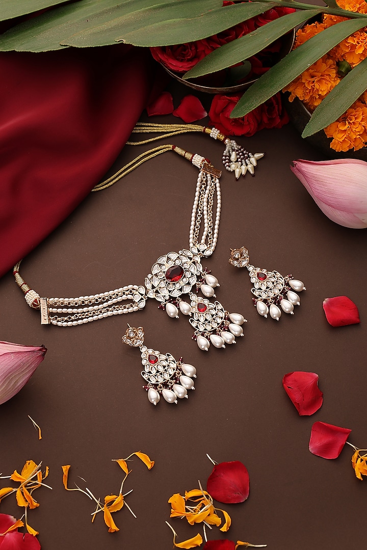 Rose Gold Finish Kundan Polki & Red Stone Choker Necklace Set by Swabhimann Jewellery at Pernia's Pop Up Shop