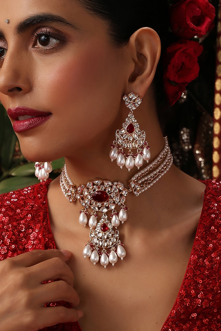 Rose Gold Finish Kundan Polki & Red Stone Choker Necklace Set by Swabhimann Jewellery at Pernia's Pop Up Shop