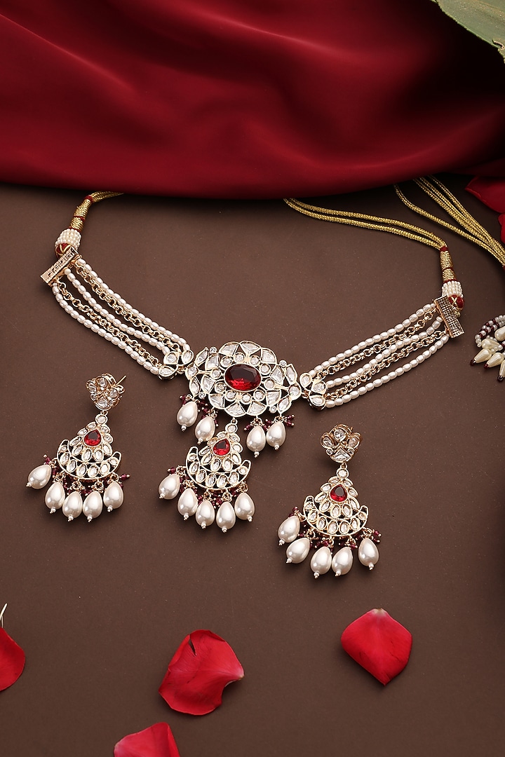 Rose Gold Finish Kundan Polki & Red Stone Choker Necklace Set by Swabhimann Jewellery at Pernia's Pop Up Shop