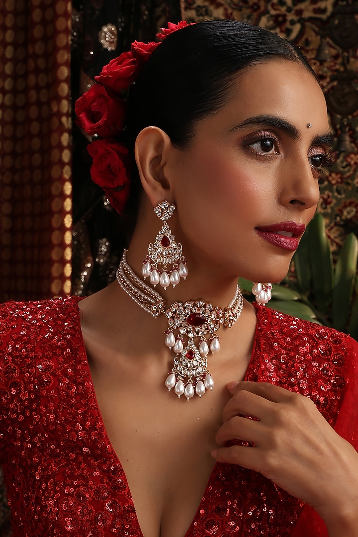 Rose Gold Finish Kundan Polki & Red Stone Choker Necklace Set by Swabhimann Jewellery at Pernia's Pop Up Shop