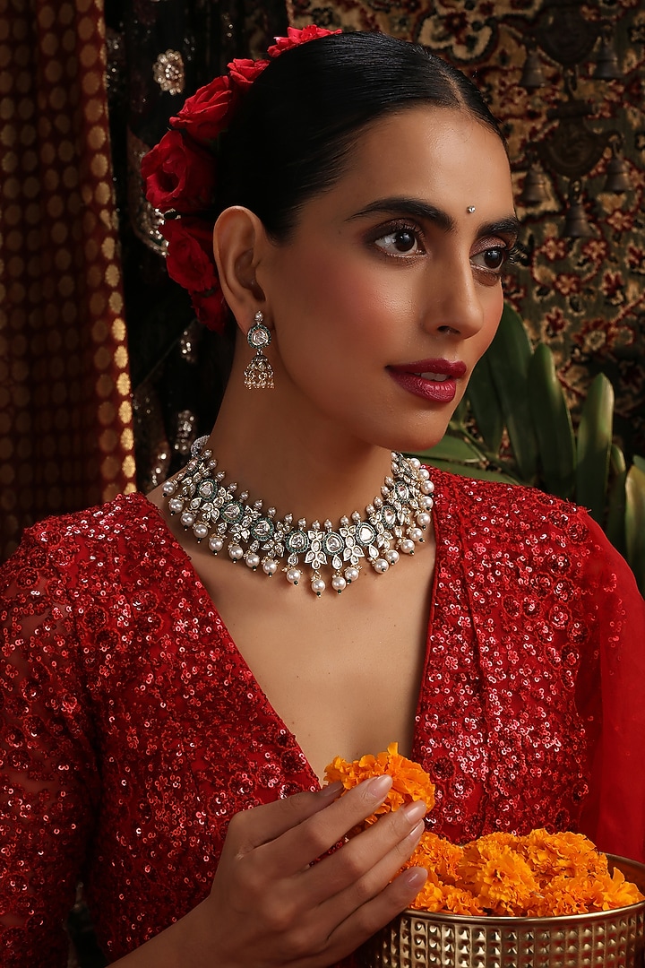 Gold Finish Kundan Polki & Green Stone Necklace Set by Swabhimann Jewellery at Pernia's Pop Up Shop