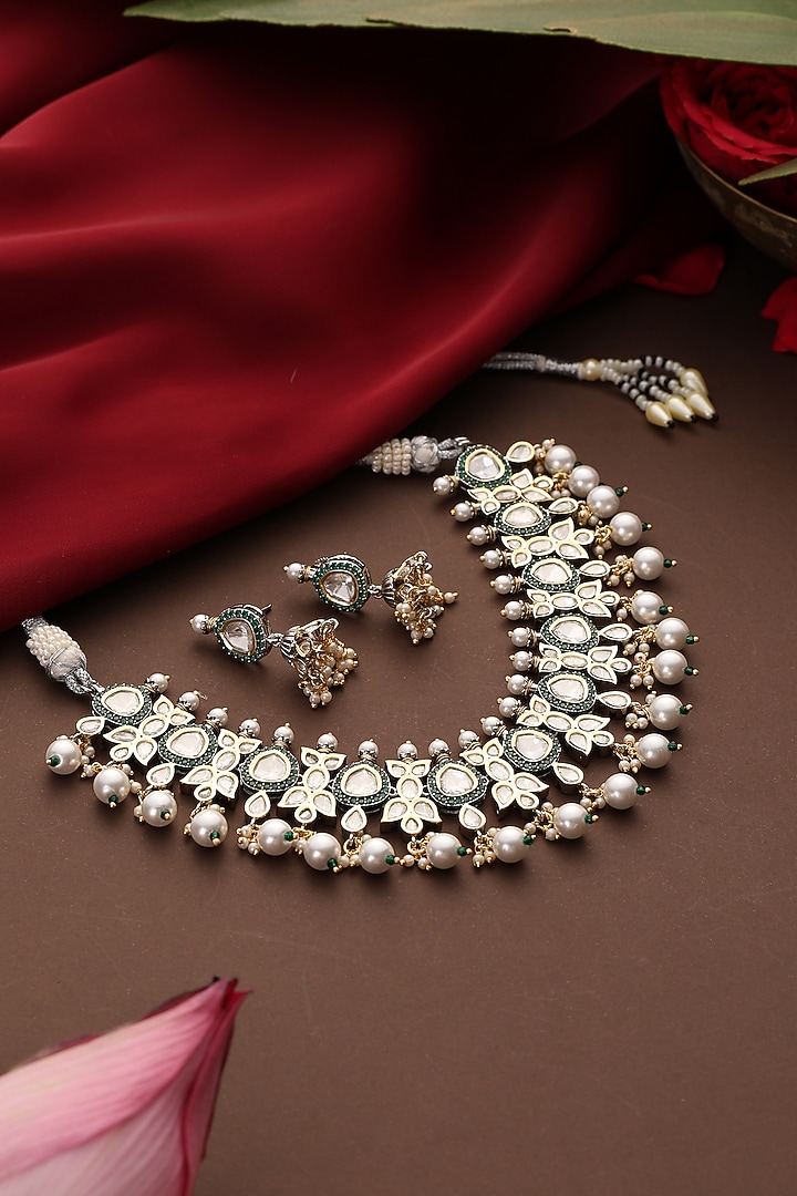 Gold Finish Kundan Polki & Green Stone Necklace Set by Swabhimann Jewellery at Pernia's Pop Up Shop
