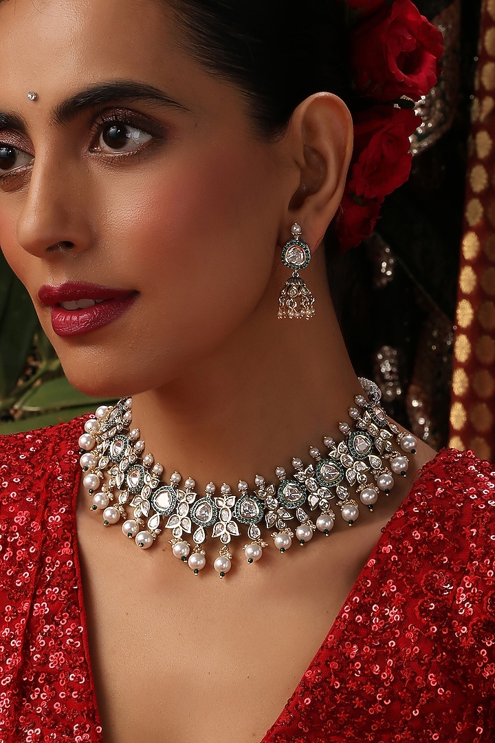 Gold Finish Kundan Polki & Green Stone Necklace Set by Swabhimann Jewellery at Pernia's Pop Up Shop