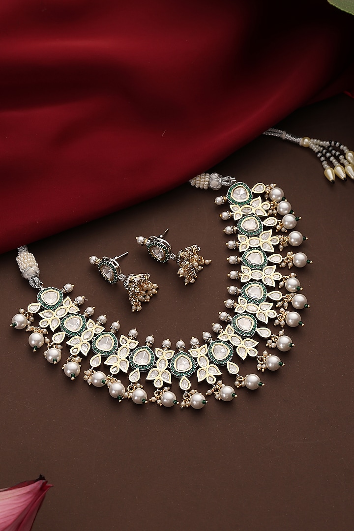 Gold Finish Kundan Polki & Green Stone Necklace Set by Swabhimann Jewellery at Pernia's Pop Up Shop