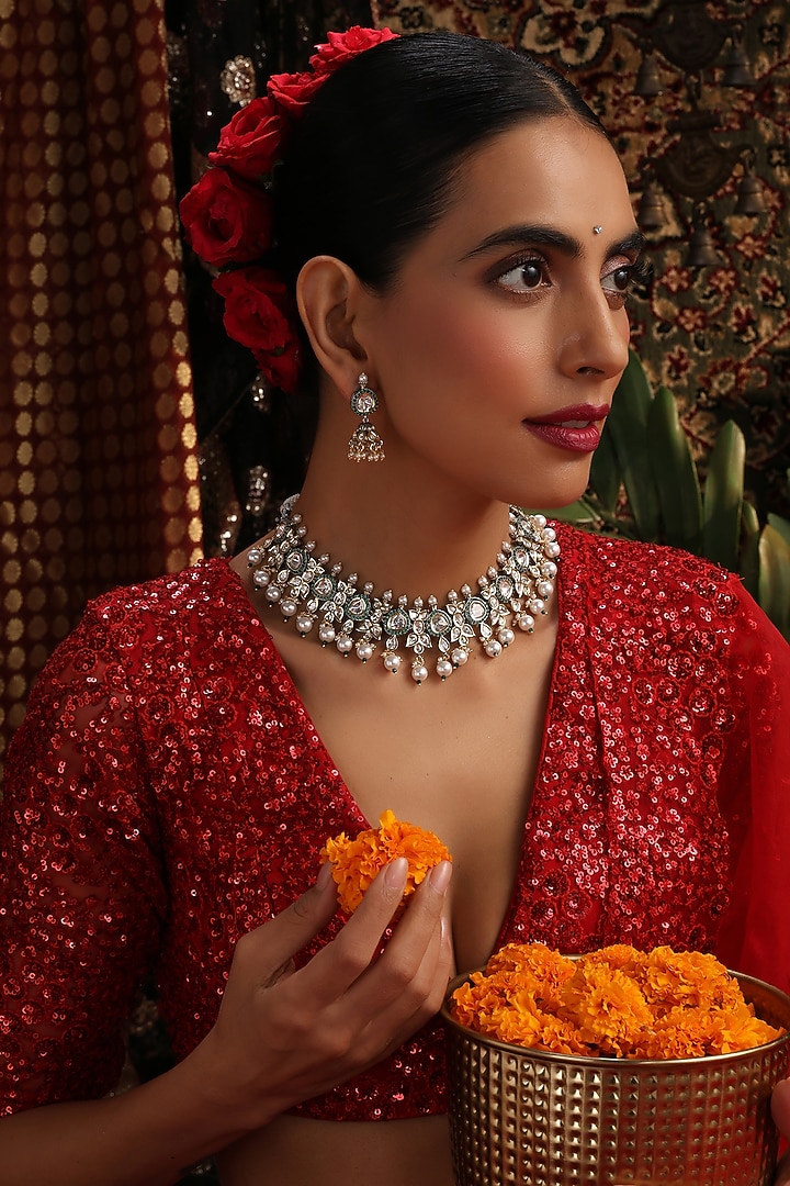 Gold Finish Kundan Polki & Green Stone Necklace Set by Swabhimann Jewellery at Pernia's Pop Up Shop