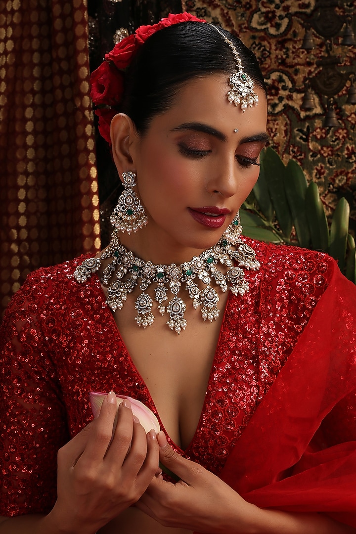 Gold Finish Kundan Polki & Green Stone Choker Necklace Set by Swabhimann Jewellery at Pernia's Pop Up Shop