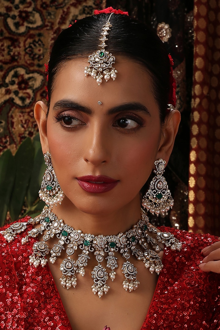 Gold Finish Kundan Polki & Green Stone Choker Necklace Set by Swabhimann Jewellery at Pernia's Pop Up Shop