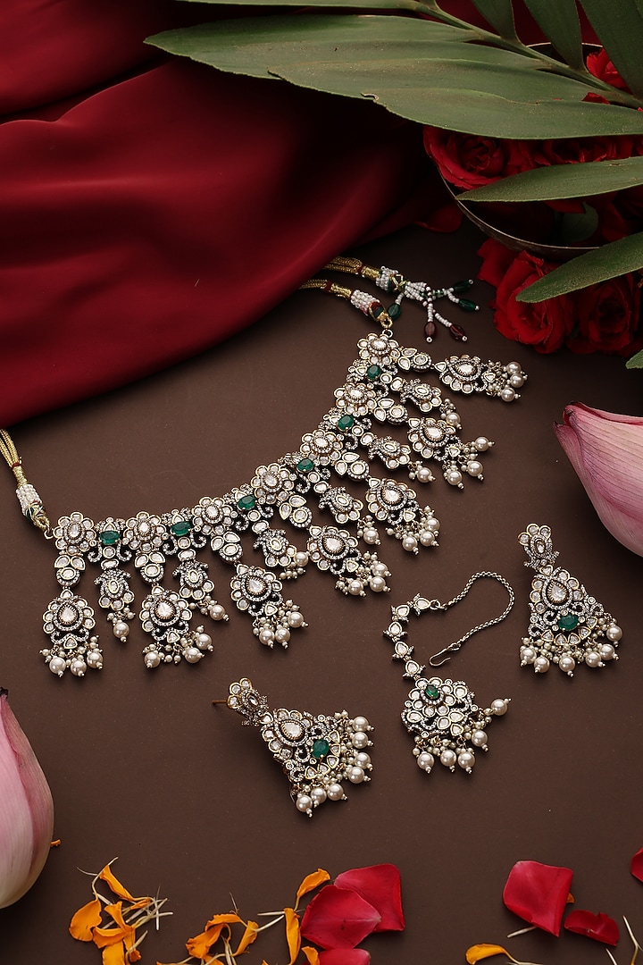 Gold Finish Kundan Polki & Green Stone Choker Necklace Set by Swabhimann Jewellery at Pernia's Pop Up Shop