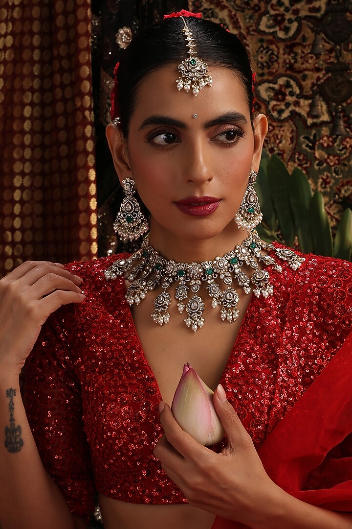 Gold Finish Kundan Polki & Green Stone Choker Necklace Set by Swabhimann Jewellery at Pernia's Pop Up Shop