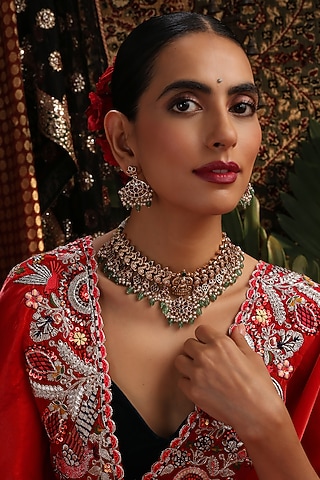 Gold Finish Kundan Polki & Multi-Colored Stone Temple Choker Necklace Set by Swabhimann Jewellery