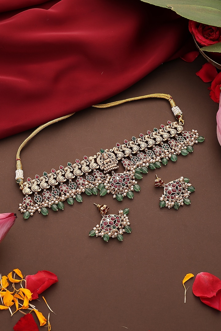 Gold Finish Kundan Polki & Multi-Colored Stone Temple Choker Necklace Set by Swabhimann Jewellery at Pernia's Pop Up Shop
