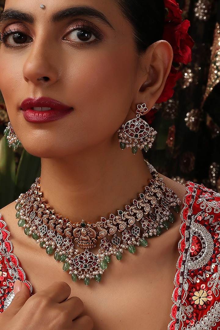 Gold Finish Kundan Polki & Multi-Colored Stone Temple Choker Necklace Set by Swabhimann Jewellery at Pernia's Pop Up Shop