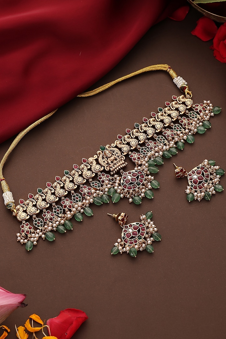 Gold Finish Kundan Polki & Multi-Colored Stone Temple Choker Necklace Set by Swabhimann Jewellery at Pernia's Pop Up Shop