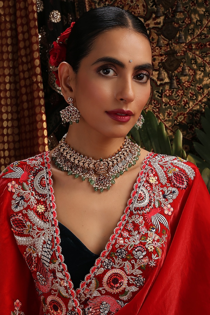 Gold Finish Kundan Polki & Multi-Colored Stone Temple Choker Necklace Set by Swabhimann Jewellery at Pernia's Pop Up Shop
