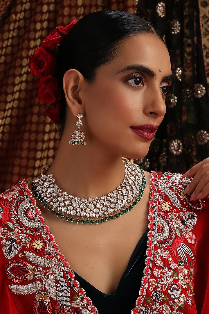 Gold Finish Kundan Polki & Green Stone Necklace Set by Swabhimann Jewellery at Pernia's Pop Up Shop