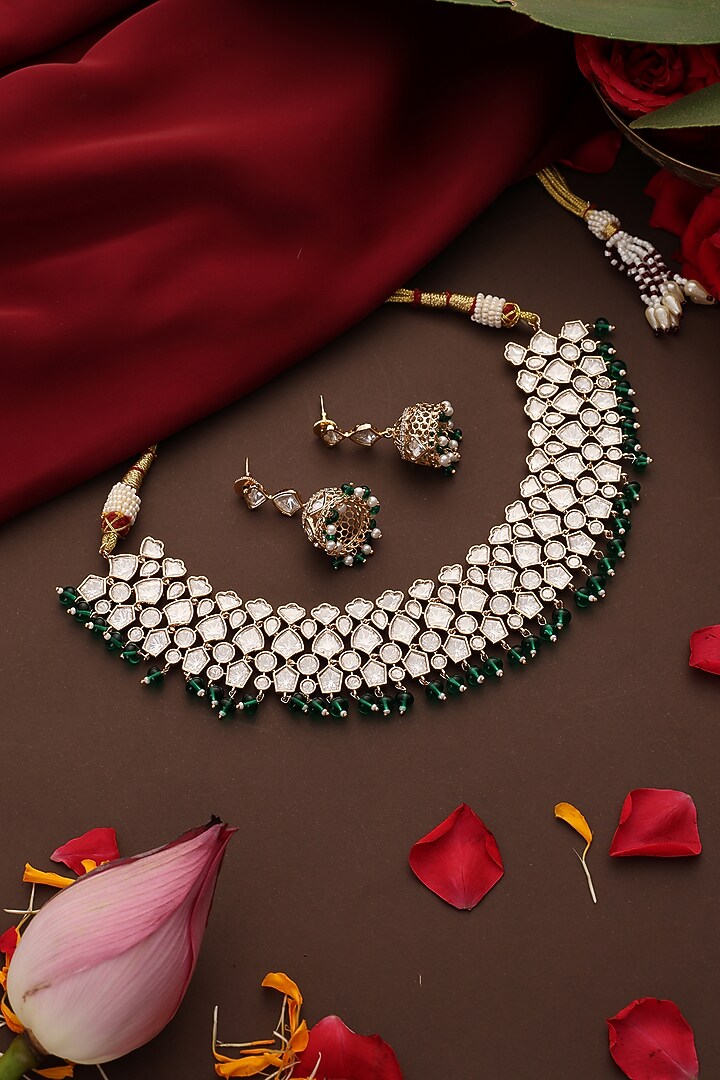 Gold Finish Kundan Polki & Green Stone Necklace Set by Swabhimann Jewellery at Pernia's Pop Up Shop