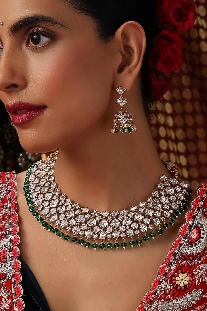 Gold Finish Kundan Polki & Green Stone Necklace Set by Swabhimann Jewellery at Pernia's Pop Up Shop