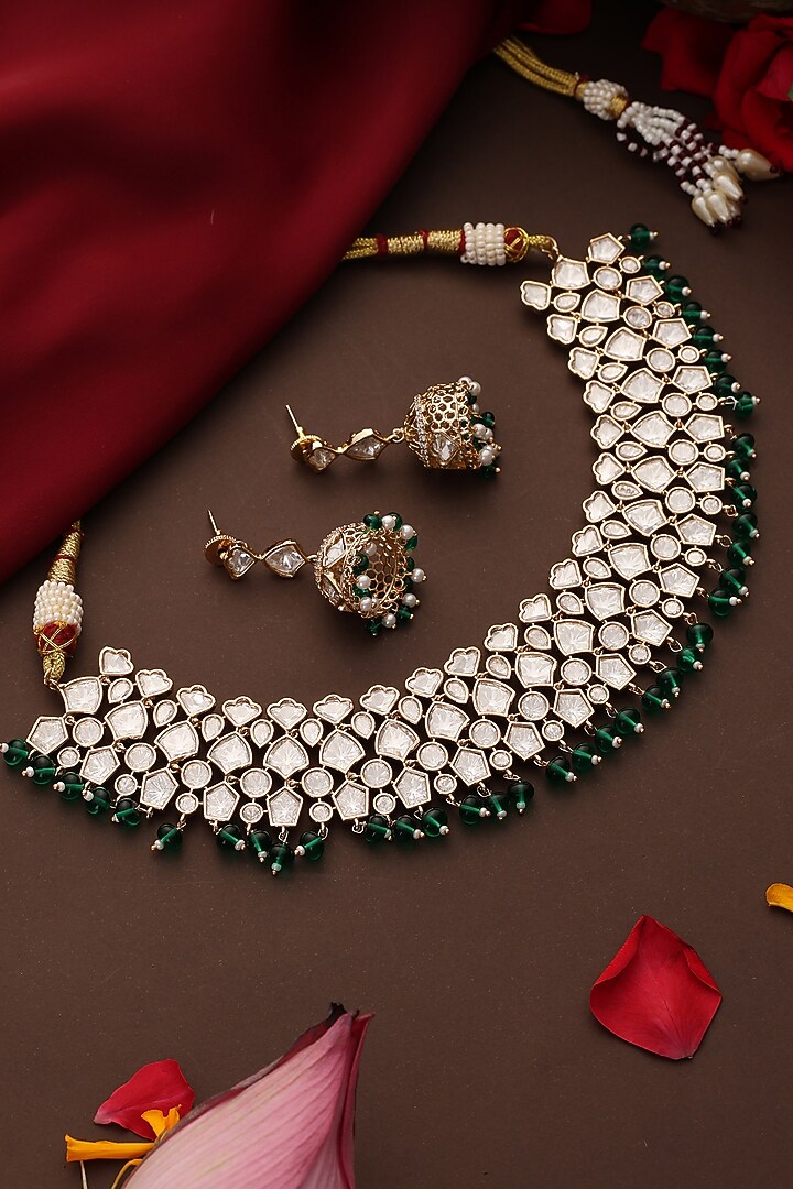 Gold Finish Kundan Polki & Green Stone Necklace Set by Swabhimann Jewellery at Pernia's Pop Up Shop
