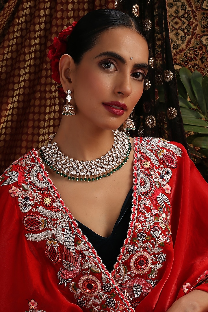 Gold Finish Kundan Polki & Green Stone Necklace Set by Swabhimann Jewellery at Pernia's Pop Up Shop