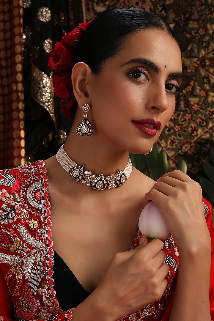 Rose Gold Finish Pearl & Green Stone Choker Necklace Set by Swabhimann Jewellery at Pernia's Pop Up Shop