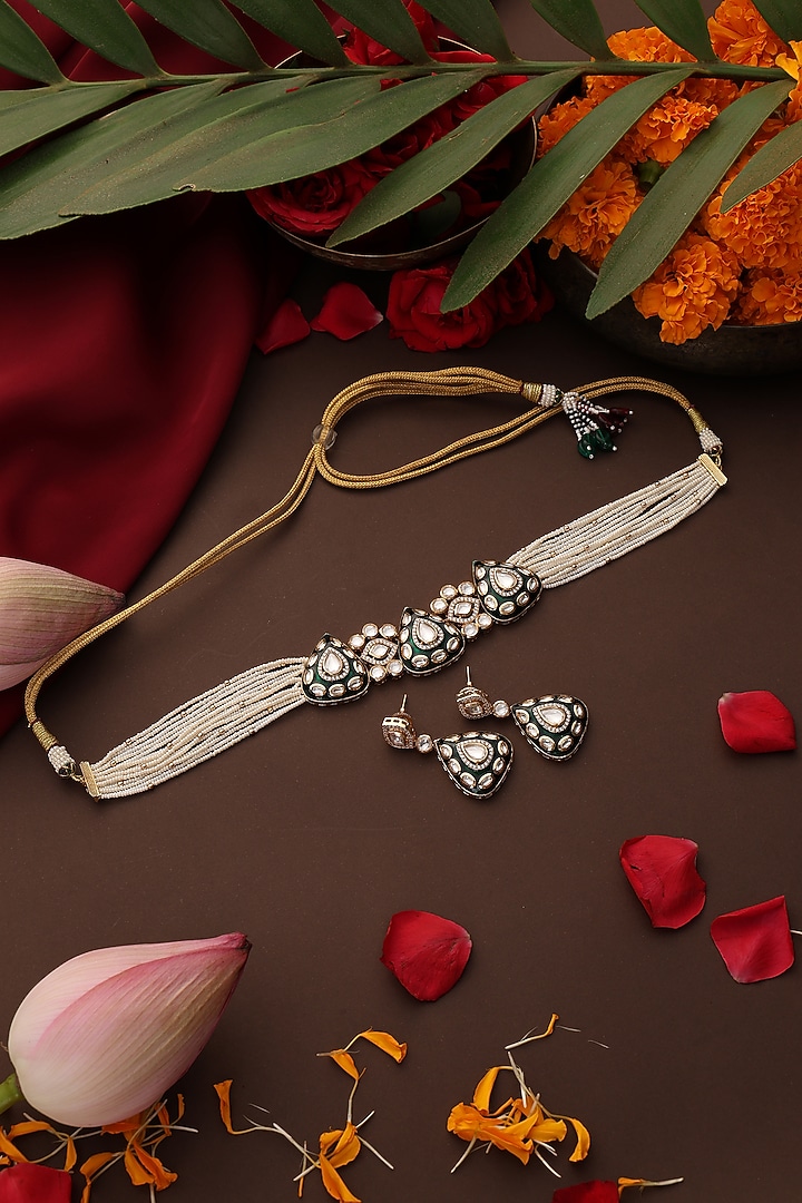 Rose Gold Finish Pearl & Green Stone Choker Necklace Set by Swabhimann Jewellery at Pernia's Pop Up Shop