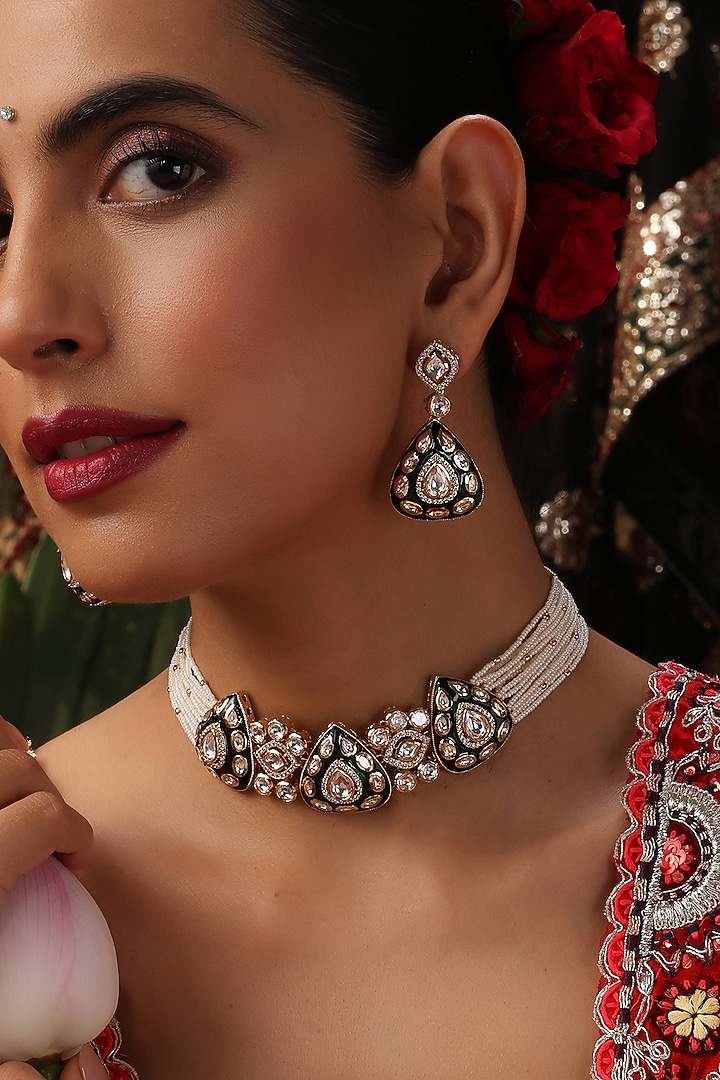 Rose Gold Finish Pearl & Green Stone Choker Necklace Set by Swabhimann Jewellery at Pernia's Pop Up Shop