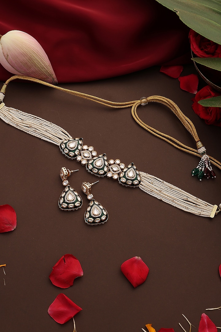 Rose Gold Finish Pearl & Green Stone Choker Necklace Set by Swabhimann Jewellery at Pernia's Pop Up Shop