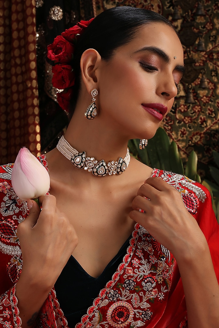 Rose Gold Finish Pearl & Green Stone Choker Necklace Set by Swabhimann Jewellery at Pernia's Pop Up Shop