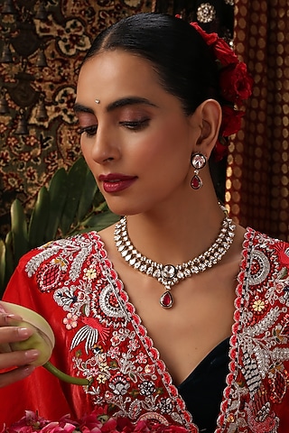 Rose Gold Finish Kundan Polki & Red Stone Necklace Set by Swabhimann Jewellery
