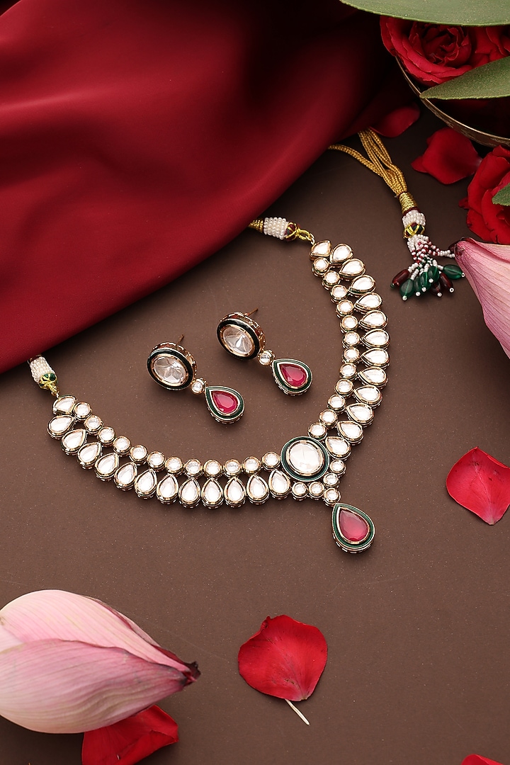 Rose Gold Finish Kundan Polki & Red Stone Necklace Set by Swabhimann Jewellery at Pernia's Pop Up Shop