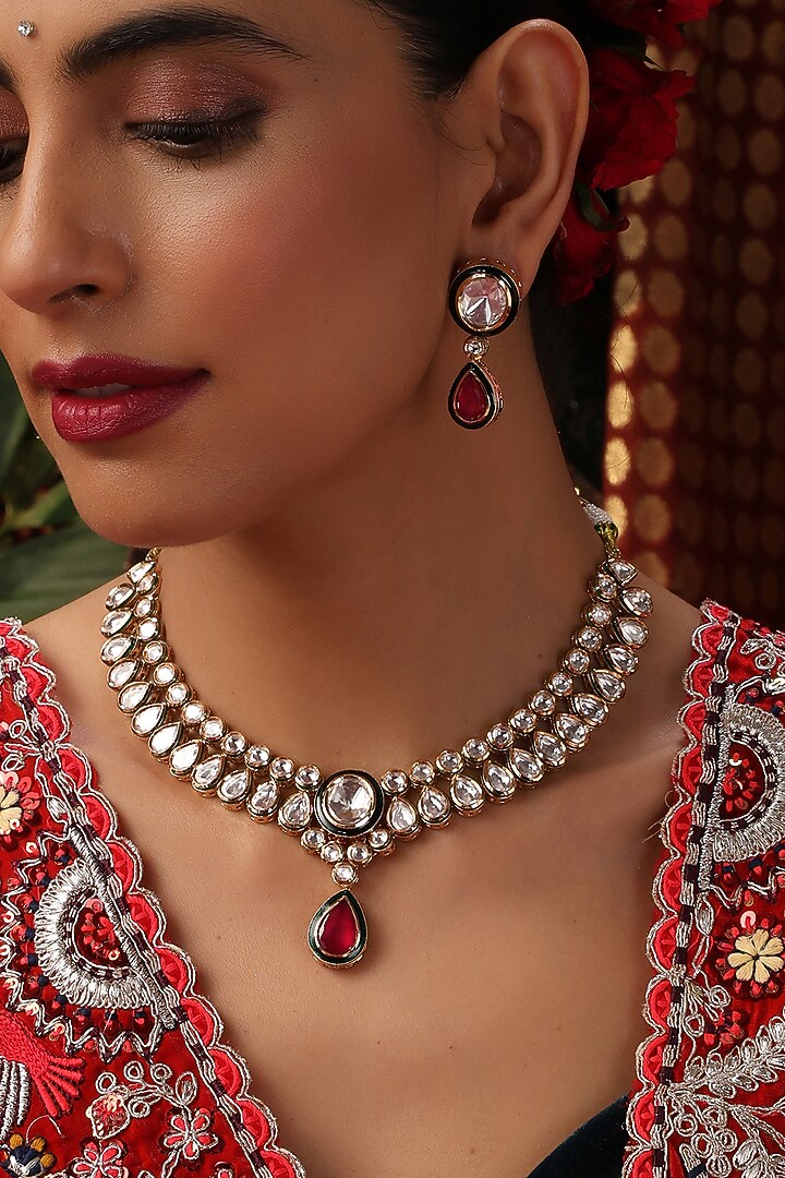 Rose Gold Finish Kundan Polki & Red Stone Necklace Set by Swabhimann Jewellery at Pernia's Pop Up Shop
