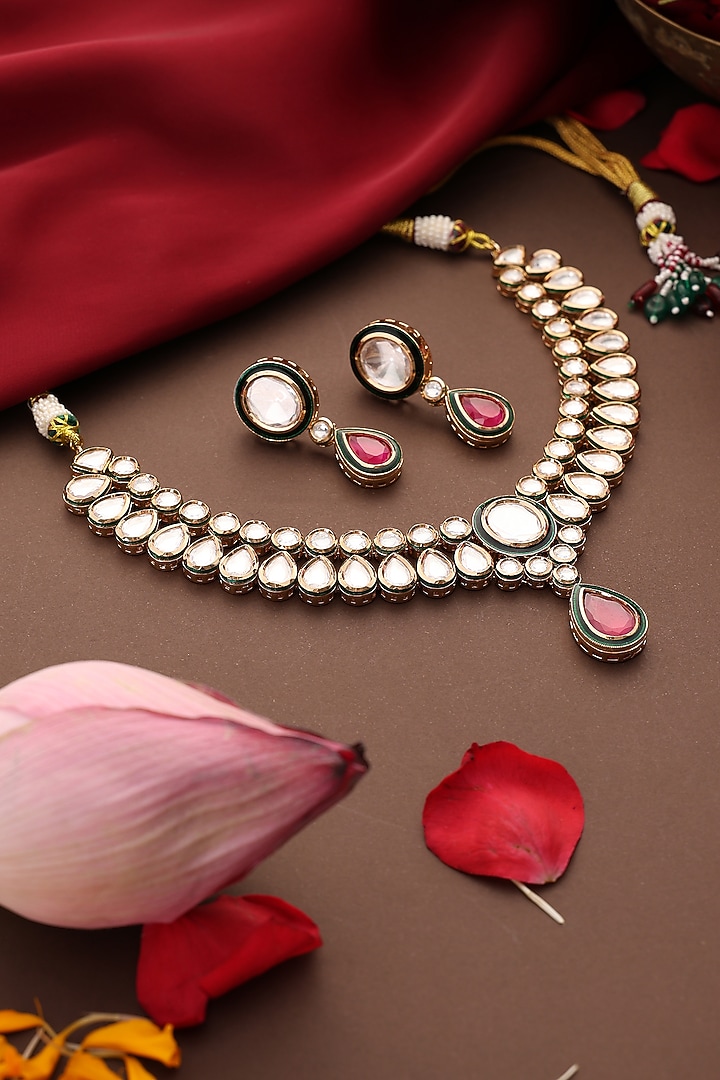 Rose Gold Finish Kundan Polki & Red Stone Necklace Set by Swabhimann Jewellery at Pernia's Pop Up Shop