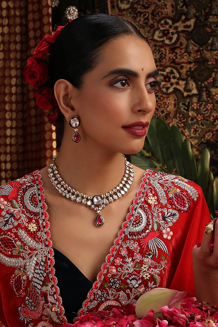 Rose Gold Finish Kundan Polki & Red Stone Necklace Set by Swabhimann Jewellery at Pernia's Pop Up Shop