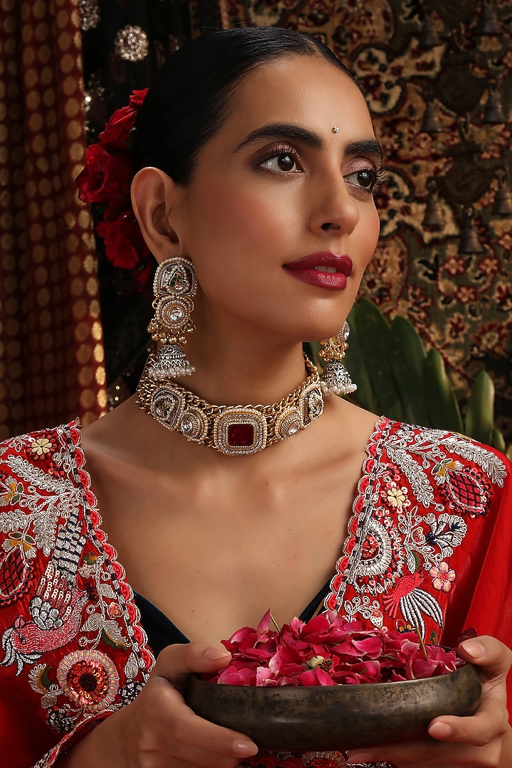 Gold Finish Kundan Polki & Multi-Colored Stone Choker Necklace Set by Swabhimann Jewellery at Pernia's Pop Up Shop