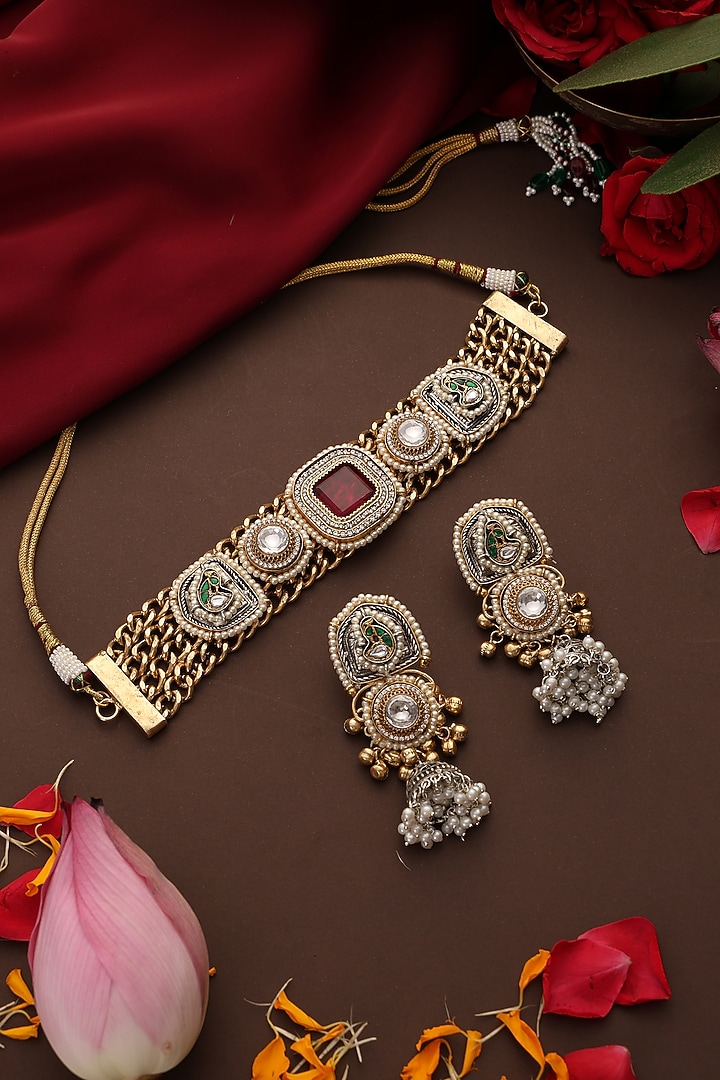 Gold Finish Kundan Polki & Multi-Colored Stone Choker Necklace Set by Swabhimann Jewellery at Pernia's Pop Up Shop