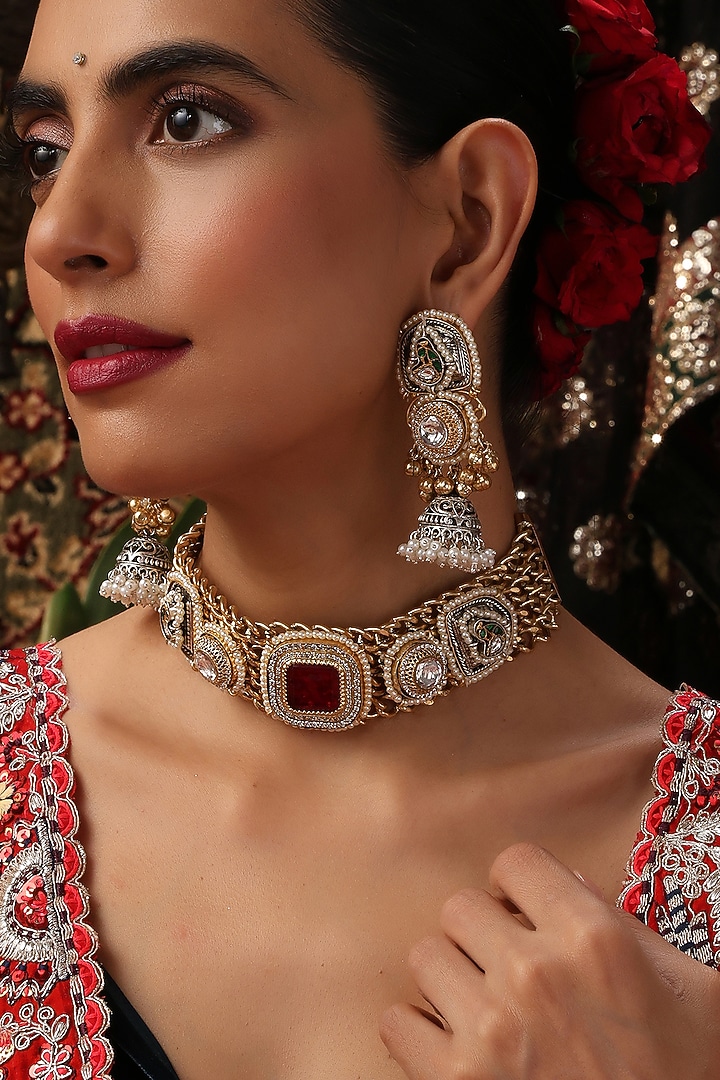 Gold Finish Kundan Polki & Multi-Colored Stone Choker Necklace Set by Swabhimann Jewellery at Pernia's Pop Up Shop