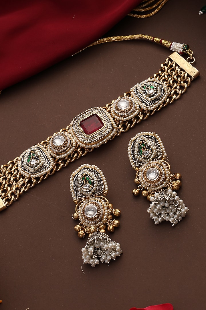Gold Finish Kundan Polki & Multi-Colored Stone Choker Necklace Set by Swabhimann Jewellery at Pernia's Pop Up Shop