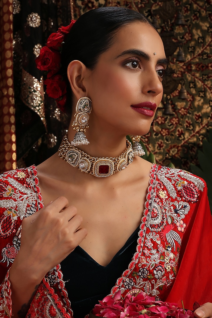 Gold Finish Kundan Polki & Multi-Colored Stone Choker Necklace Set by Swabhimann Jewellery at Pernia's Pop Up Shop