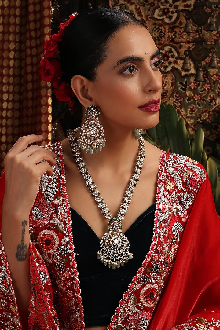 Gold Finish Kundan Polki & Emerald Stone Long Pendant Necklace Set by Swabhimann Jewellery at Pernia's Pop Up Shop