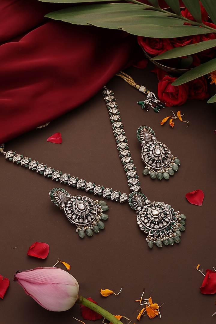 Gold Finish Kundan Polki & Emerald Stone Long Pendant Necklace Set by Swabhimann Jewellery at Pernia's Pop Up Shop