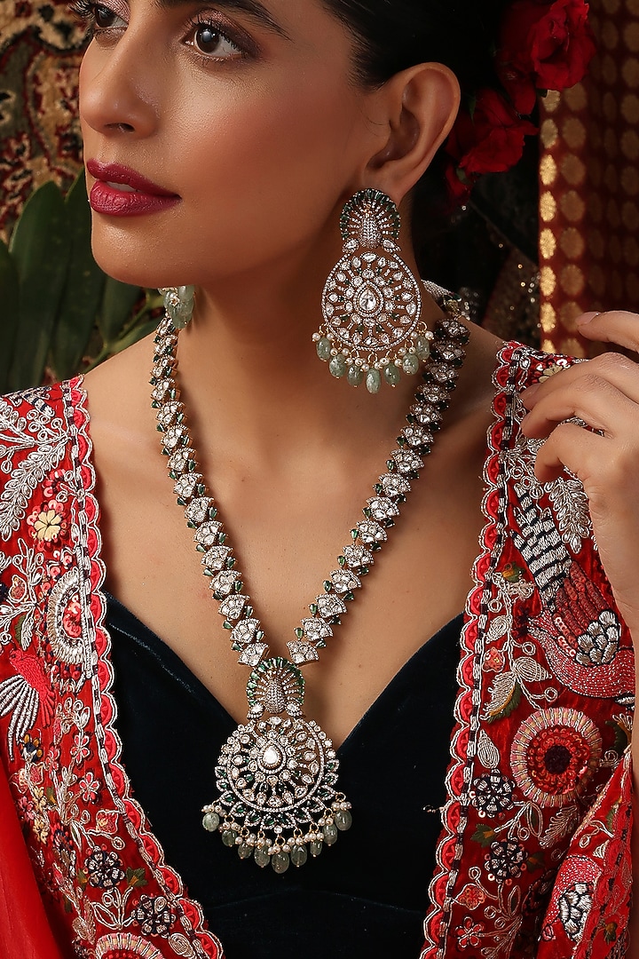 Gold Finish Kundan Polki & Emerald Stone Long Pendant Necklace Set by Swabhimann Jewellery at Pernia's Pop Up Shop