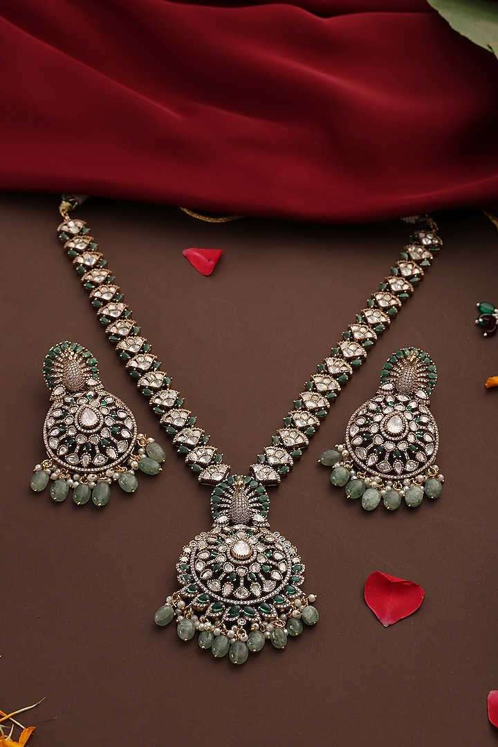 Gold Finish Kundan Polki & Emerald Stone Long Pendant Necklace Set by Swabhimann Jewellery at Pernia's Pop Up Shop