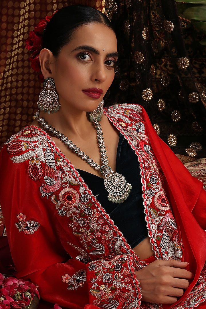 Gold Finish Kundan Polki & Emerald Stone Long Pendant Necklace Set by Swabhimann Jewellery at Pernia's Pop Up Shop