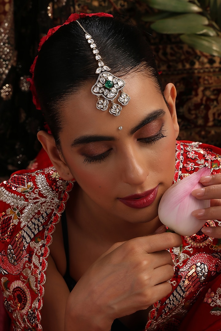 Gold Finish Kundan Polki & Emerald Stone Maangtikka by Swabhimann Jewellery at Pernia's Pop Up Shop