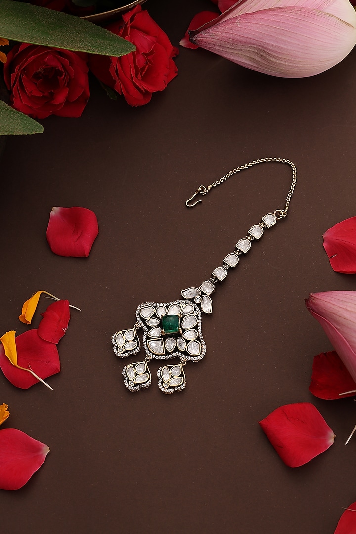 Gold Finish Kundan Polki & Emerald Stone Maangtikka by Swabhimann Jewellery at Pernia's Pop Up Shop