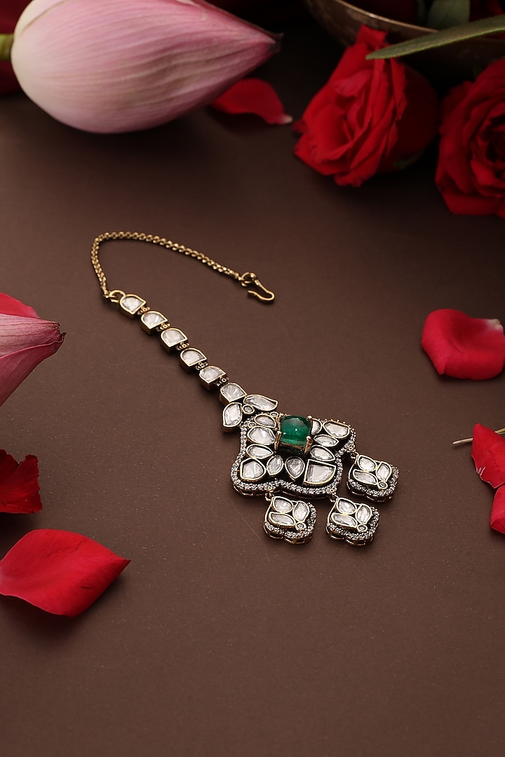 Gold Finish Kundan Polki & Emerald Stone Maangtikka by Swabhimann Jewellery at Pernia's Pop Up Shop